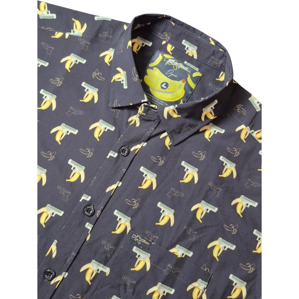 Retro Rifle Men's L Black Banana Gun Print Button Shirt Stretch Novelty